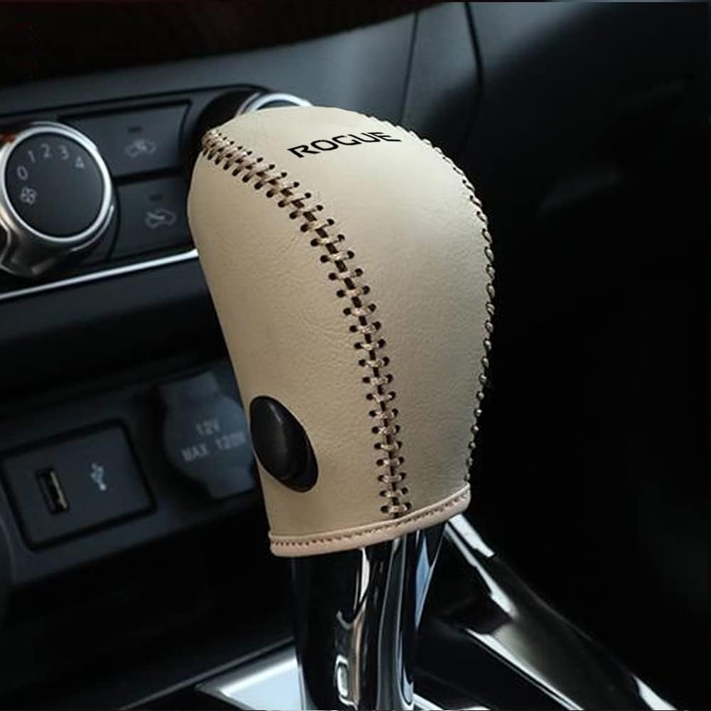 CEBAT Cubierta de la perilla de la palanca de cambios de transmisión automática, funda de cuero para Nissan Rogue 2014-2016 (puntadas beige)
