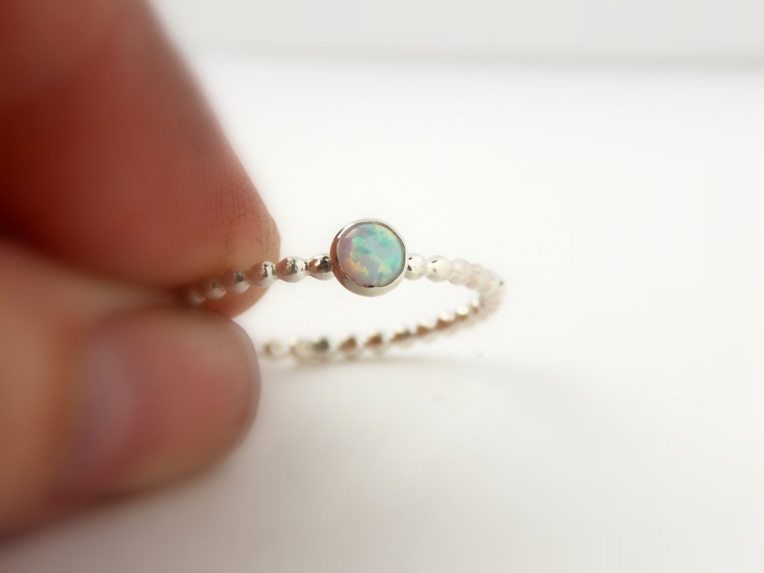 4mm Opal Beaded Cab Ring stackable birthstone ring, sterling silver ring, opal ring, simple ring, dainty ring, dotted ring, October birthstone