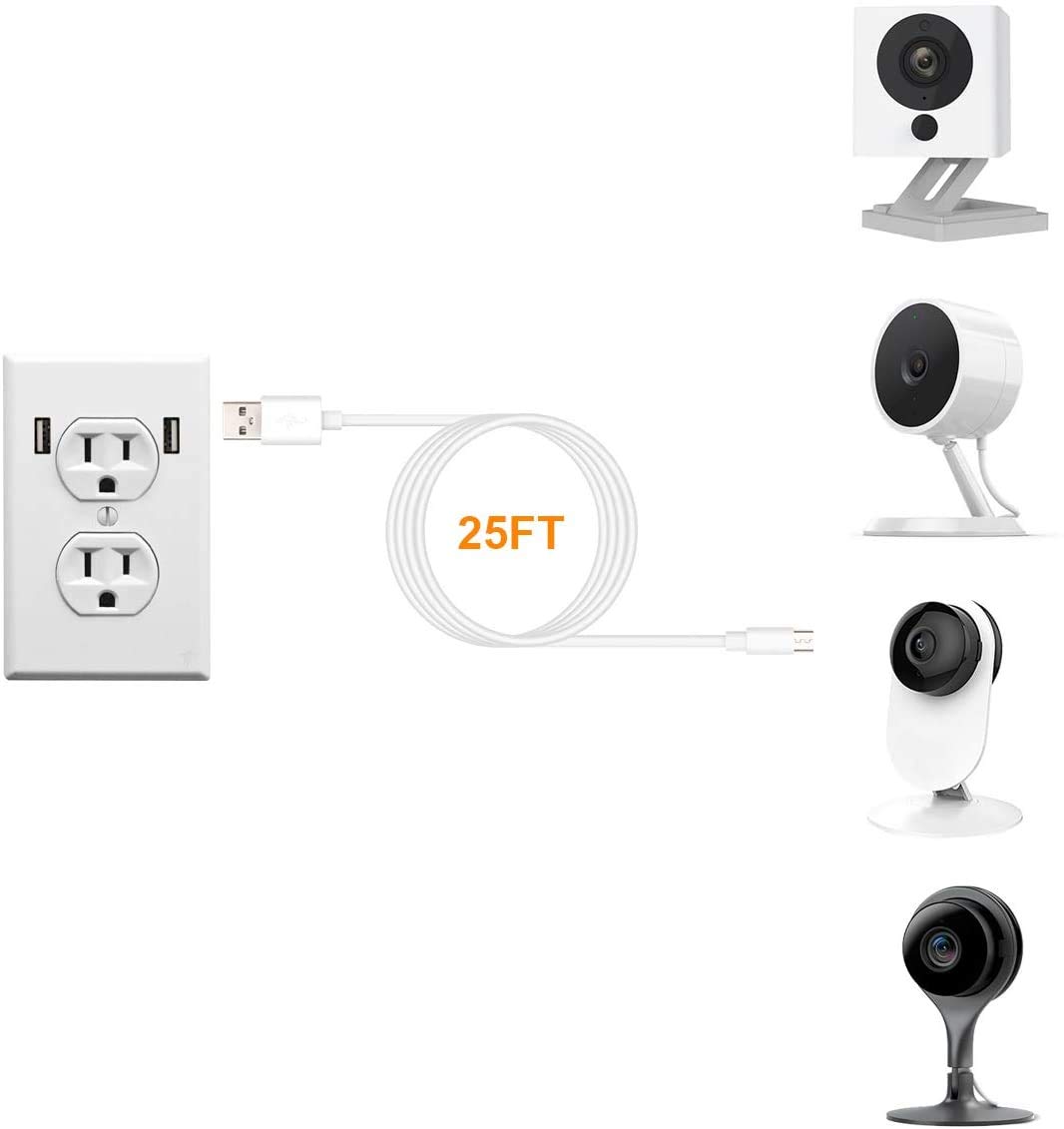 Cable de alimentación USB de 25 pies para cámara inalámbrica de seguridad para el hogar, cámara Kasa, cámara Wyze, YI Cloud, Nest Cam, Netvue, Furbo