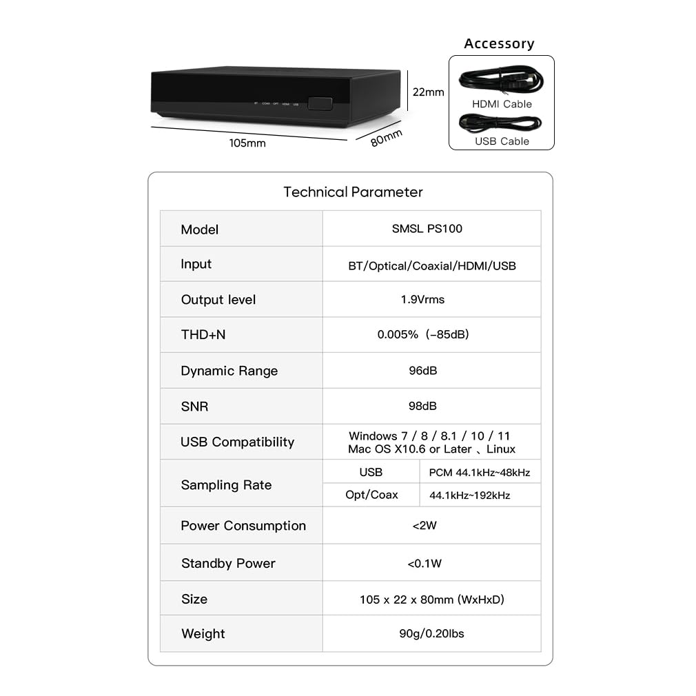 SMSL PS100 Convertidor de audio digital a analógico, USBópticocoaxialHDMI ARC a estéreo LR RCA salida DDC Digital Toslink SPDIF 192kHz DAC