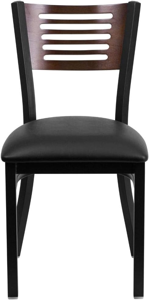Flash Furniture HERCULES Series Silla de restaurante de metal con respaldo de listones negros, respaldo de madera de nogal, asiento de vinilo negro