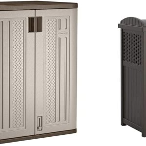 Suncast Paquete de basura de resina para exteriores de 30 galones y armario de almacenamiento base Suncast Paquete de basura de resina para exteriores de 30 galones y armario de almacenamiento base