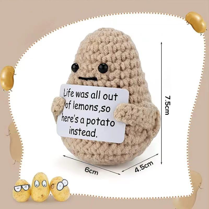 Mini divertida patata positiva con base de madera, juguete de papa de punto de 3 pulgadas con tarjeta positiva creativa linda lana positiva muñeca