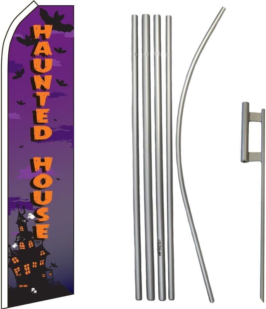 Premium Haunted House PurpleOrange Swooper Flag & 16ft Flagpole KitGround