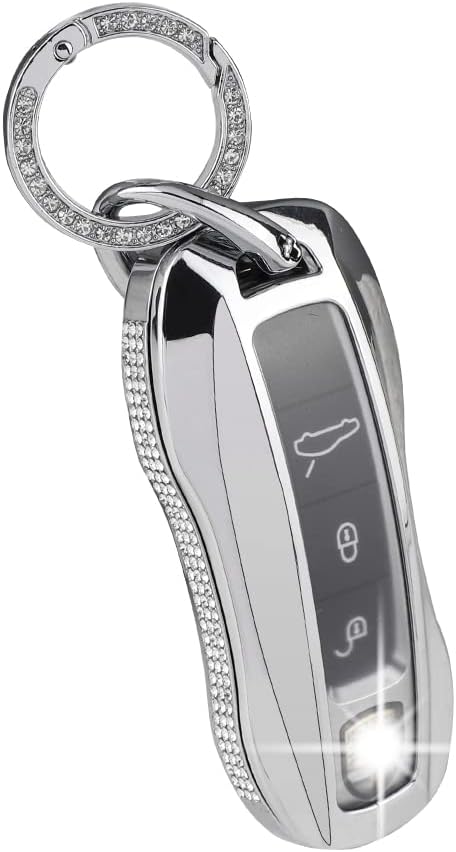 PIFOOG Accesorios para Porsche 911 Cayenne Taycan Panamera Bling Key Fob Cover Smart Remote Key Shell Case Protector Crystal Zinc Alloy Silver 1 PC