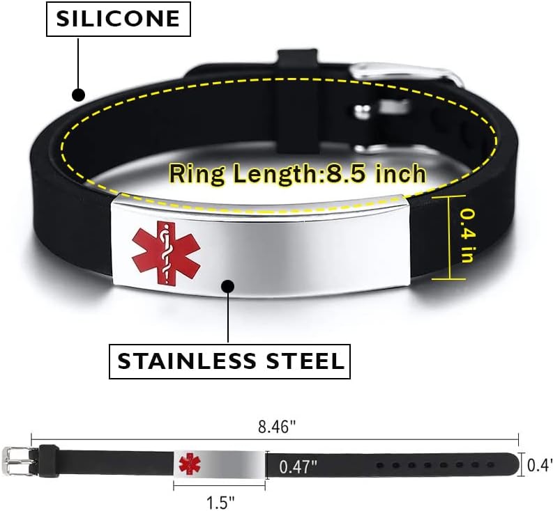 Pulsera de identificación médica grabada con láser, primeros auxilios de emergencia, ajustable, tipo 1acero sin satén, ajustable, pulsera de