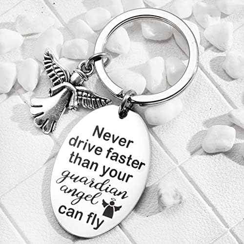 Llaveros de regalo para el nuevo conductor para adolescentes, niños y niñas, nunca conduce más rápido que tu ángel de la guarda puede volar, llavero