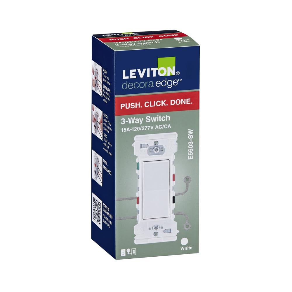 Leviton E5603-SW Decora Edge Interruptor basculante de 3 vías de 15 amperios, color blanco