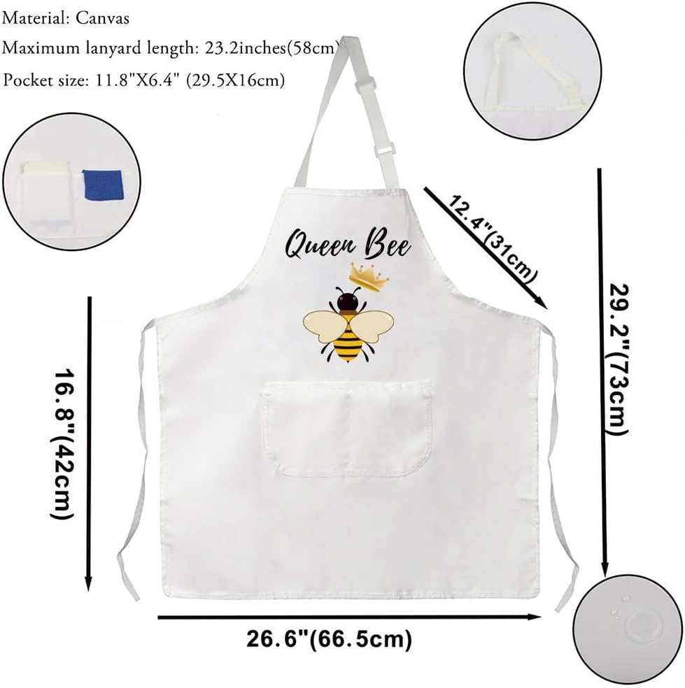 VAMSII Delantal de cocina Queen Bee Crown Honey Bee Lover Gifts for Beekeeper Kitchen Bib Delantal con bolsillos para mujer