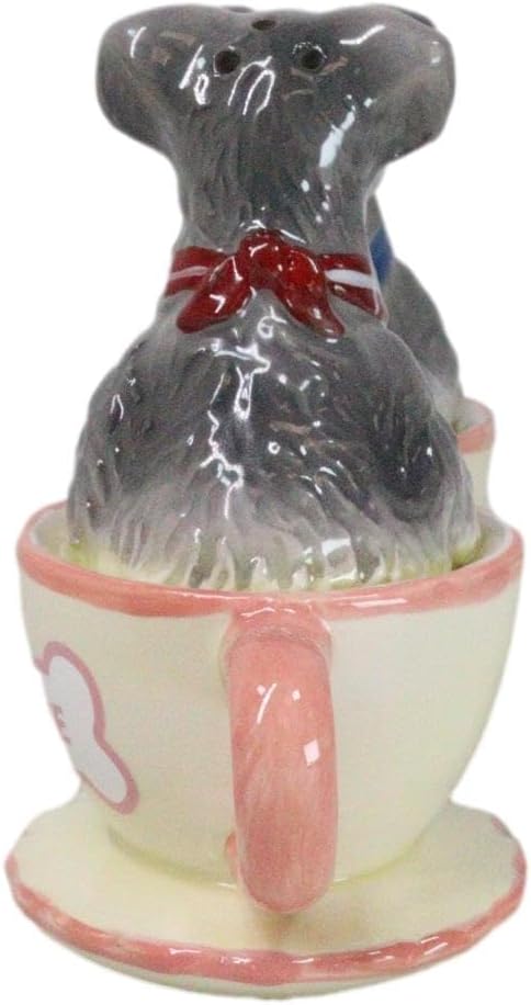 Ebros – Juego de salero y pimentero de cerámica gris Schnauzer en miniatura, juego de salero y pimentero, figuras de San Valentín, fiestas, cocina,
