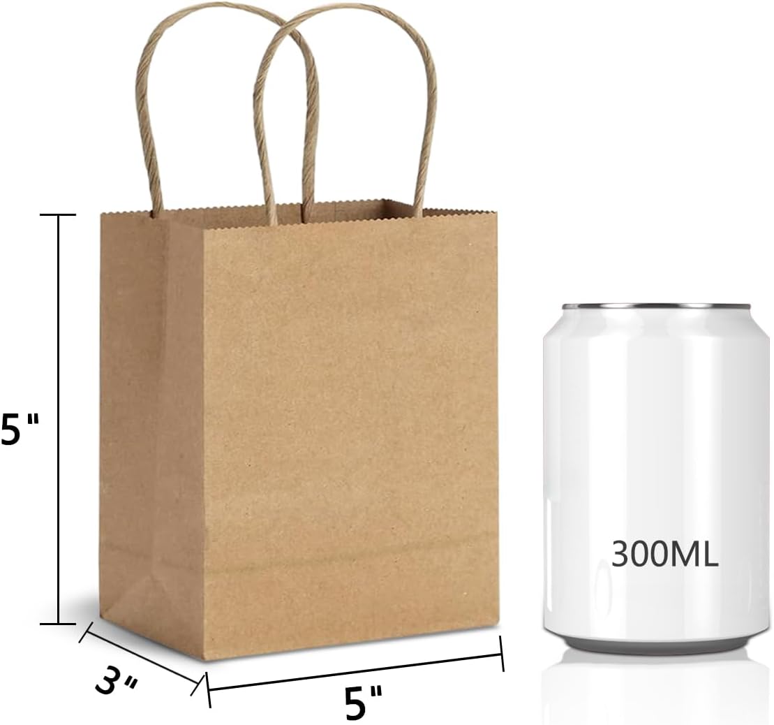 TOWRAP Bolsas de papel marrón con asas, 100 bolsas de regalo Kraft de 5 x 3 x 5 pulgadas, a granel, bolsas de compras, bolsas de fiesta, bolsas de
