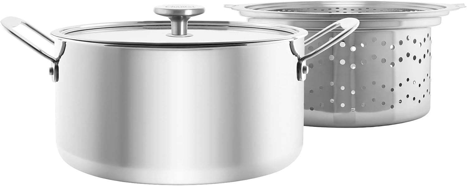 Chantal 3. Olla revestida de tres capas de 7 cuartos con inserto de vapor de pasta, acero inoxidable pulido, tapa de vidrio templado (SLT32-240SP)