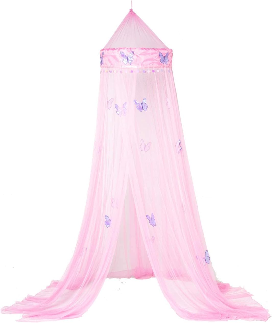 OctoRose Toldo redondo de mariposa para cama  Toldo colgante rosa  Se adapta a cunas completas, camas de niños, individual, Queen y King  Bonita y