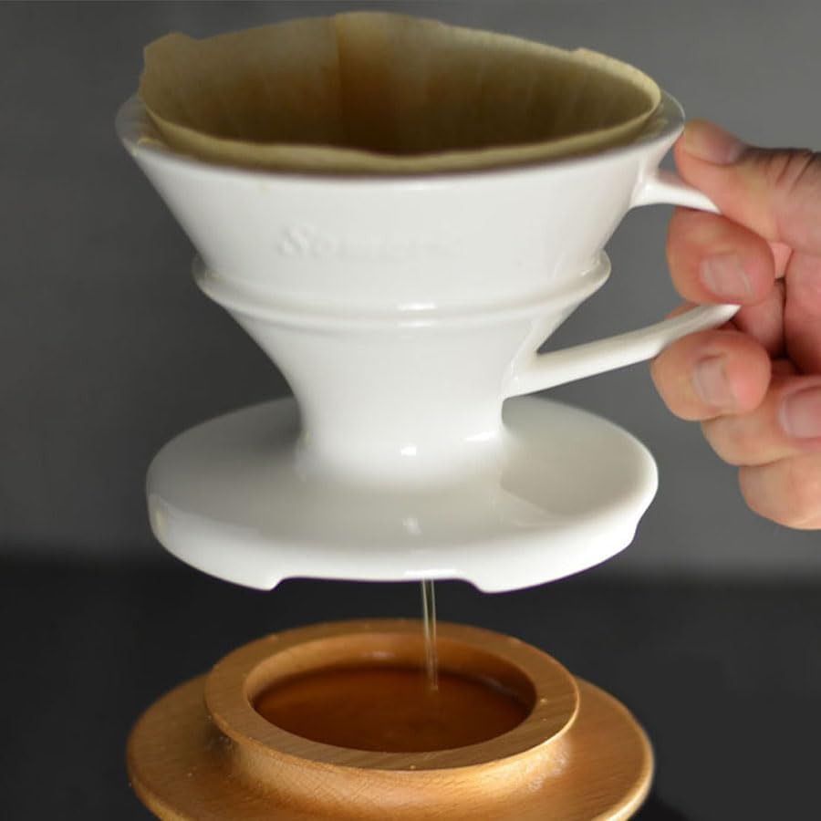 Somark Cafetera de cerámica con filtro de cono #2 con bandeja de goteo de madera