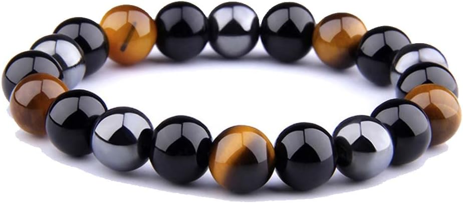 Pulsera de triple protección, pulsera de cuentas de piedra de ojo de tigre, pulsera de hematita obsidiana negra de 0.394 pulgadas, trae buena suerte
