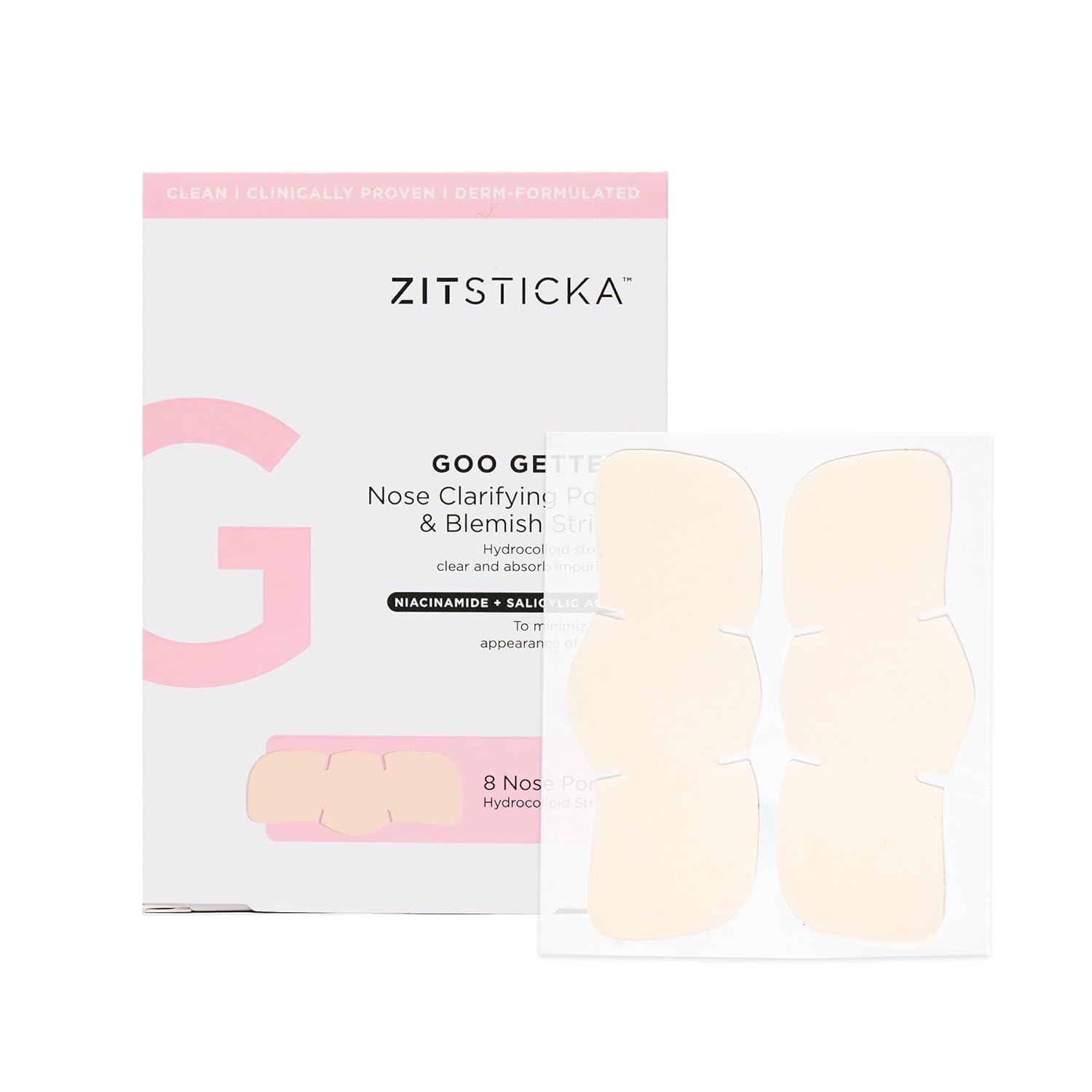 ZitSticka Tiras de nariz hidrocoloides  Paquete de 8 tiras clarificantes de poros e manchas para nariz GOO GETTER  Minimiza la apariencia del acné y