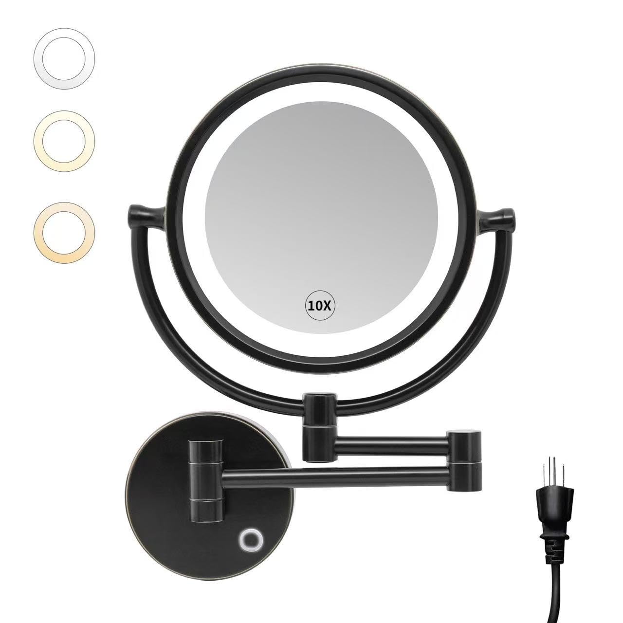 GURUN Espejo de maquillaje con aumento de 8.5 pulgadas con luces LED de 3 tonos, espejo de tocador de doble cara para baño con aumento de 10X