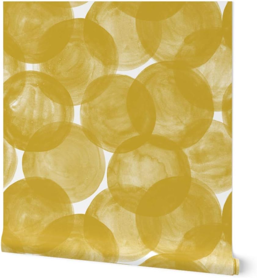 Spoonflower Peel & Stick Wallpaper Swatch – Watercolor Mustard Yellow Gold Polka Dots Geometric Bold Circles Round Custom Removable Wallpaper