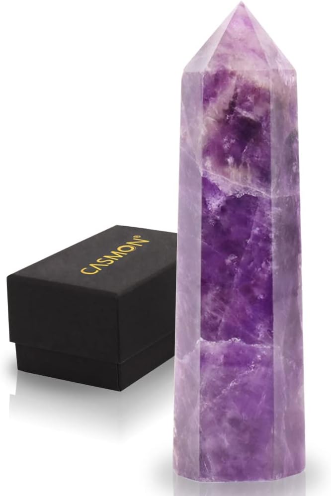 CASMON Torre de cristal de amatista de 3.2 a 3.5 pulgadas, varita de punto de cristal curativo de 6 prismas naturales de lepidolita natural con caja