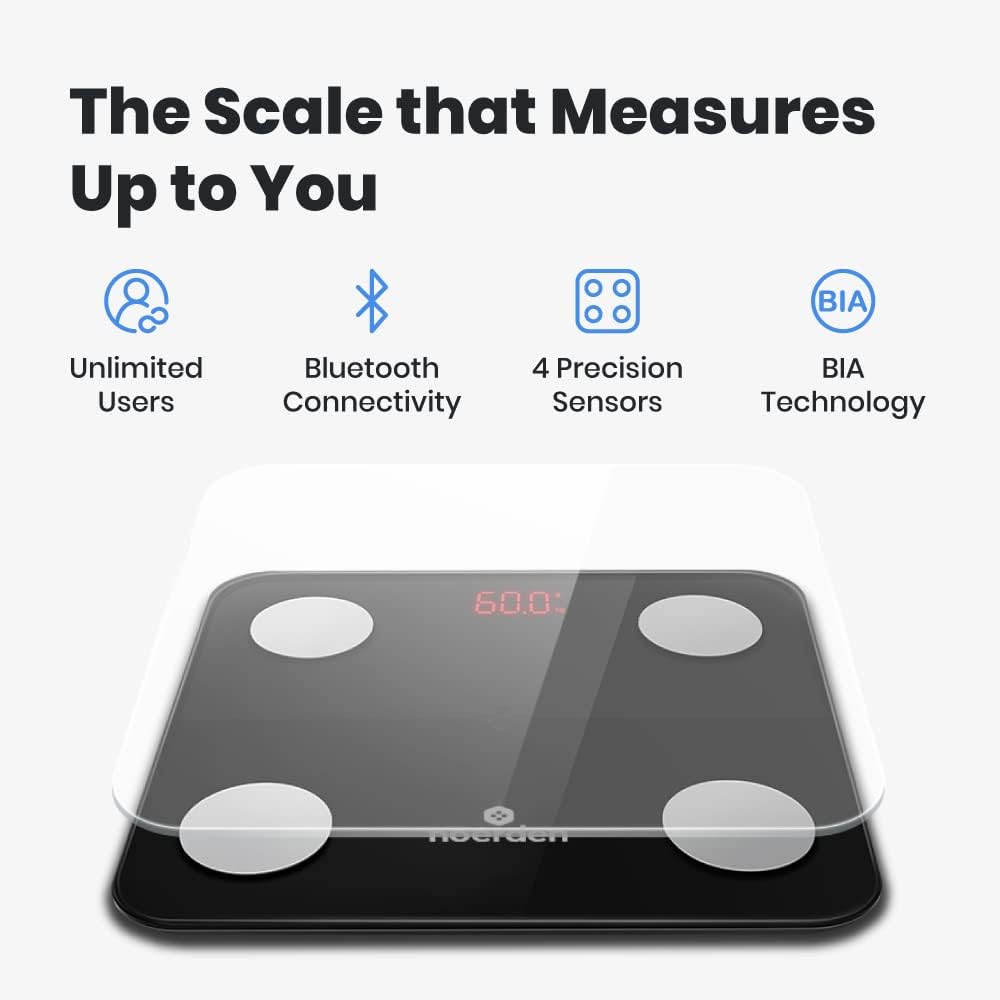 NOERDEN – Báscula corporal inteligente Minimi – Báscula para peso corporal con tecnología Step-On, Bluetooth, pantalla LED, vidrio templado,