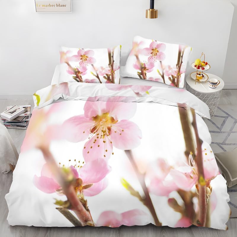 Beige Peach Blossom King Duvet Cover Plant Print King Bedding Set Soft Microfiber Comforter Cover and 2 Pillow Shams 20″X36″, Bed Set Duvet Covers