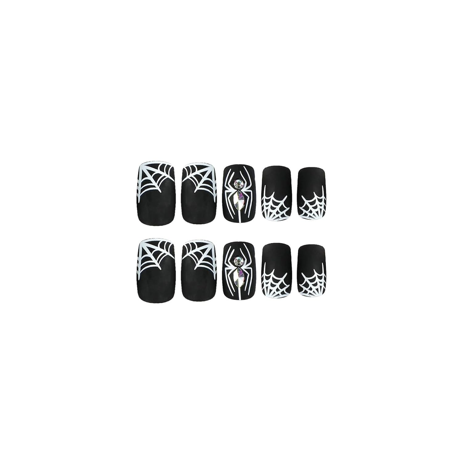 Uñas postizas medianas a presión de Halloween, uñas acrílicas de araña blanca y telaraña, uñas postizas mate con diamantes de imitación, uñas