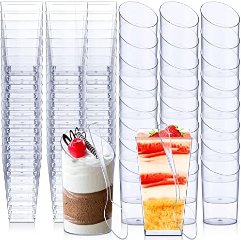 Mini tazas de postre de plástico con cucharas que incluyen tazas cuadradas de 3 onzas para aperitivos de 2.5 onzas, tazas redondas inclinadas para