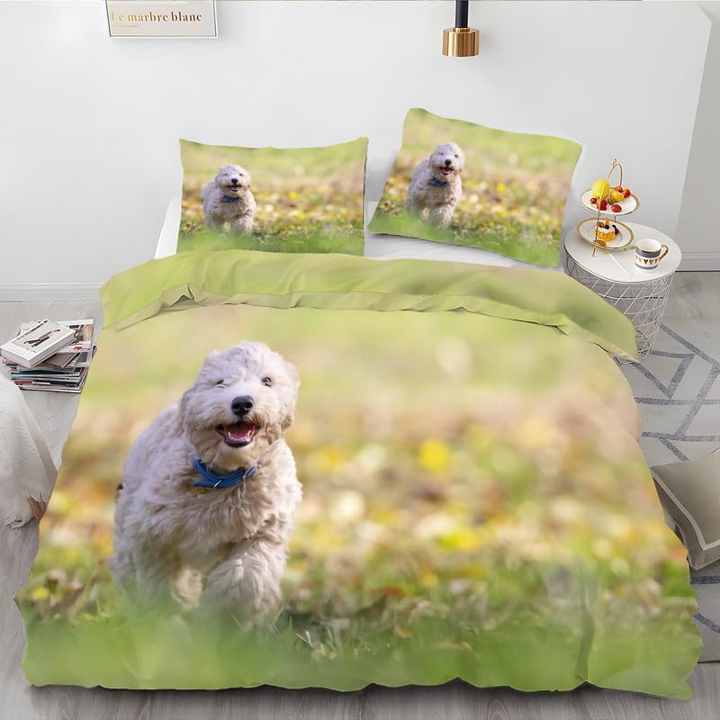 Grass Green Puppy California King Duvet Cover Animal Print Bedding Soft Microfiber Comforter Cover and 2 Pillow Shams 20″X36″, Bed Set Duvet Covers