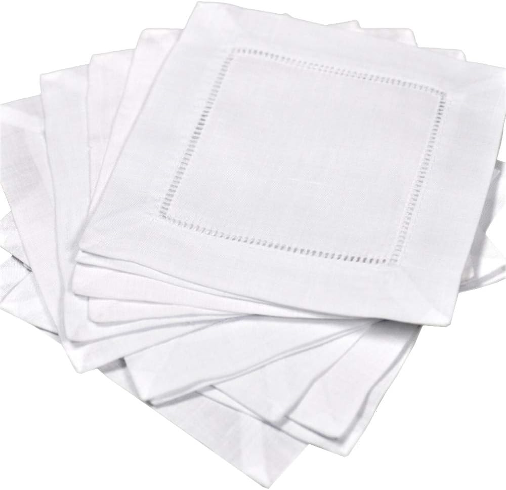 60 servilletas de lino blanco con vainica de cóctel de 6 x 6 pulgadas, pequeño paño para bebidas, bar, boda, café, postre, servilleta