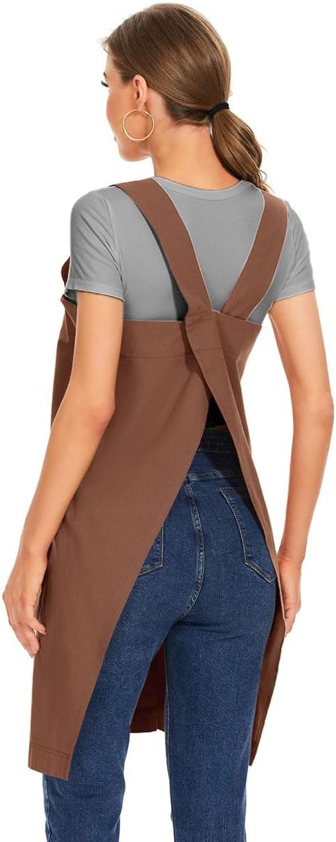 Delantal de algodón con espalda cruzada para mujer, vestido casual con bolsillos grandes, delantal cuadrado suelto para hornear, cocinar, jardinería
