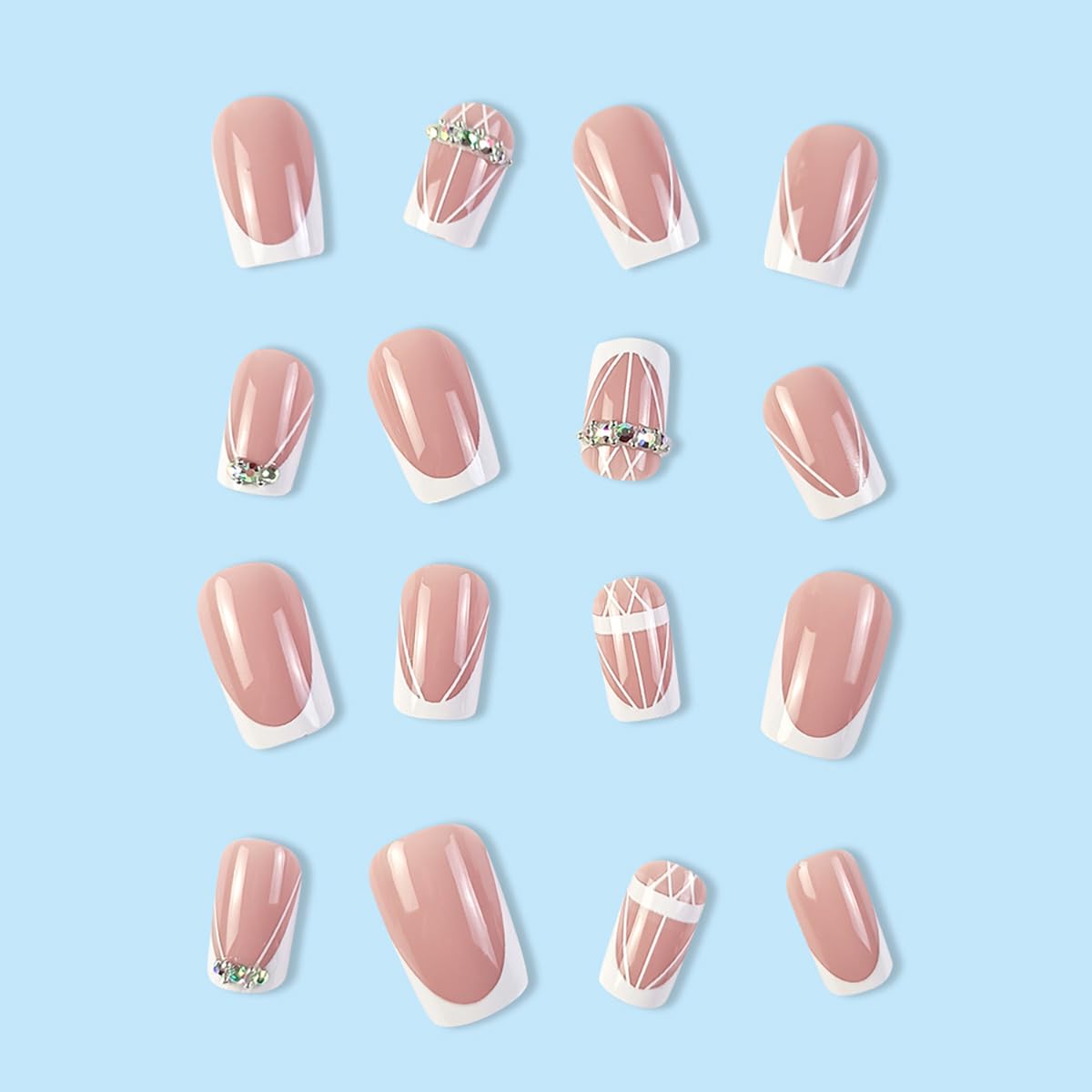 24 uñas postizas de punta francesa a presión, cuadradas, medianas, uñas blancas con purpurina, diseño de diamantes de imitación, uñas postizas de