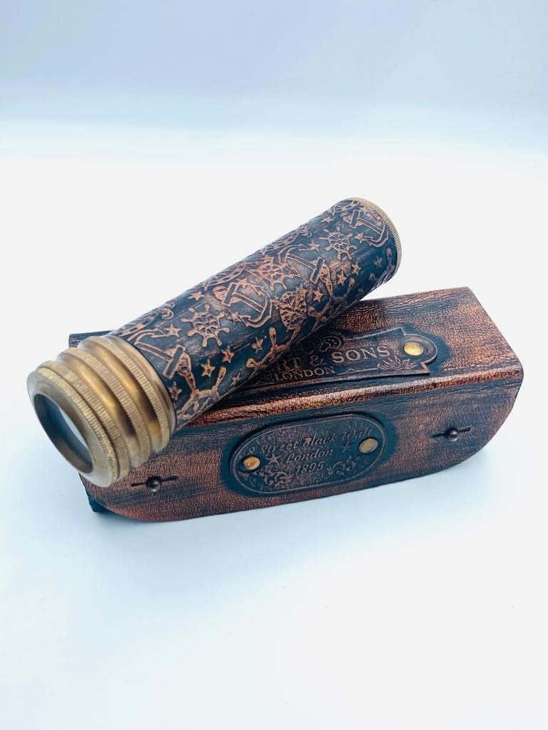 Custom Vintage Replicaz Caleidoscopio de latón antiguo con cubierta de cuero y caja, hecho a mano, aspecto vintage, acabado antiguo, lente de