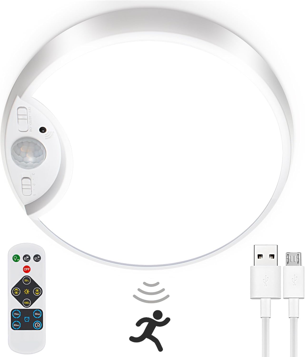 Luz recargable con sensor de movimiento con control remoto inalámbrico, funciona con pilas, luces de techo alimentadas por batería, temporizador