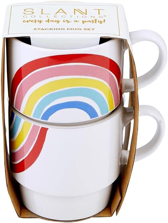 Slant Collections Juego de 2 tazas apilables de cerámica para cafété, 14 onzas, arcoíris