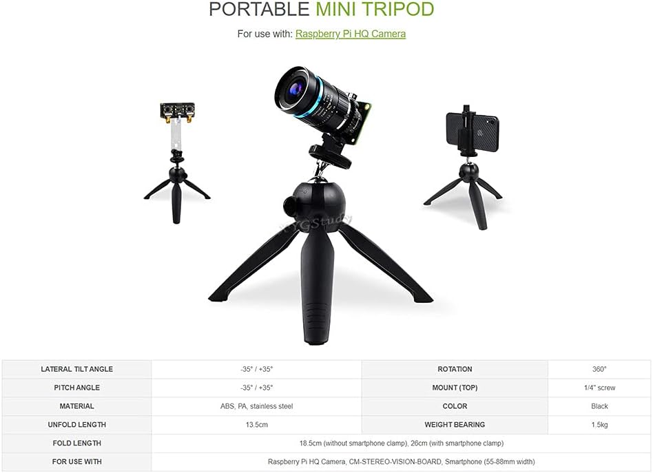 Trípode portátil ligero para cámara Raspberry Pi HQ, soporte de teléfono con rotación de 360, fácil de usar XYGStudy