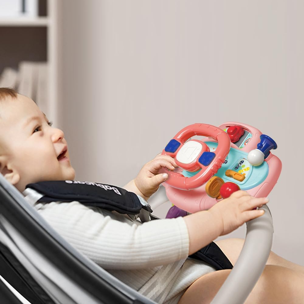 huanger Juguetes de asiento de automóvil para bebé para asiento de automóvil, juguete de centro de juegos, volante con luces musicales, juguete de