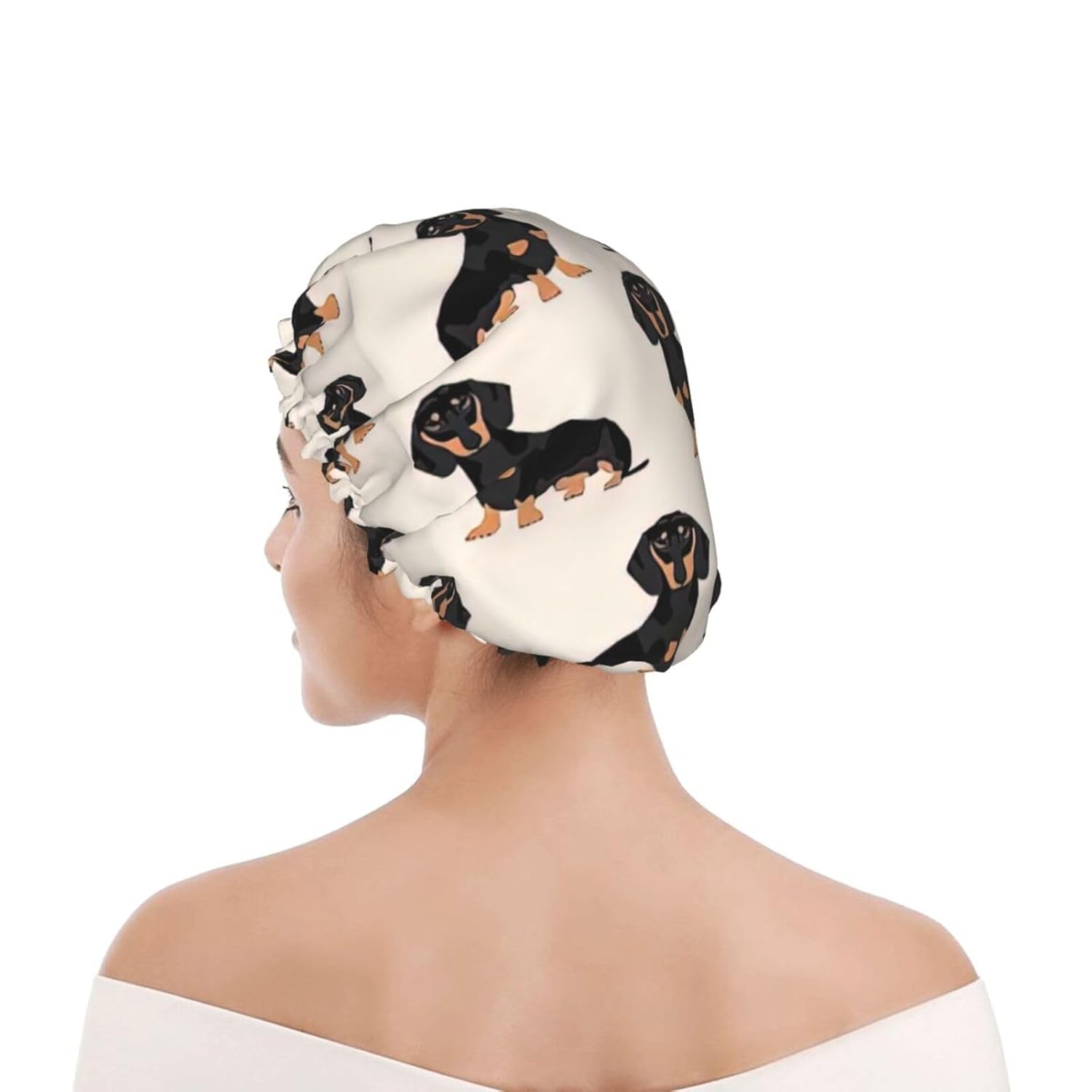 Lindo gorro de ducha de perro para mujer, elástico y reutilizable, doble capa impermeable sombrero de baño
