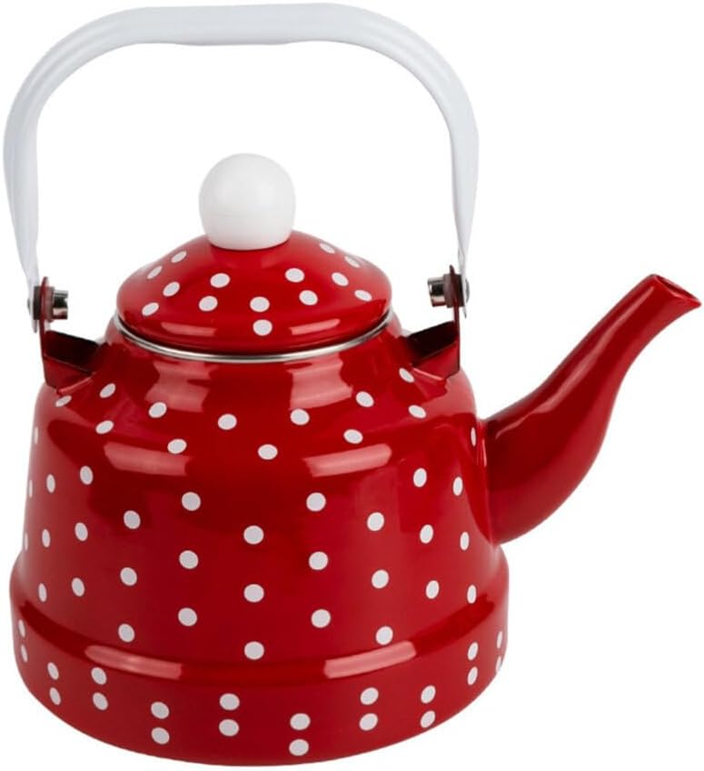 DOITOOL Hervidor de té esmaltado para estufa, tetera esmaltada, tetera de café con lunares rojos y blancos con filtro de acero inoxidable para el