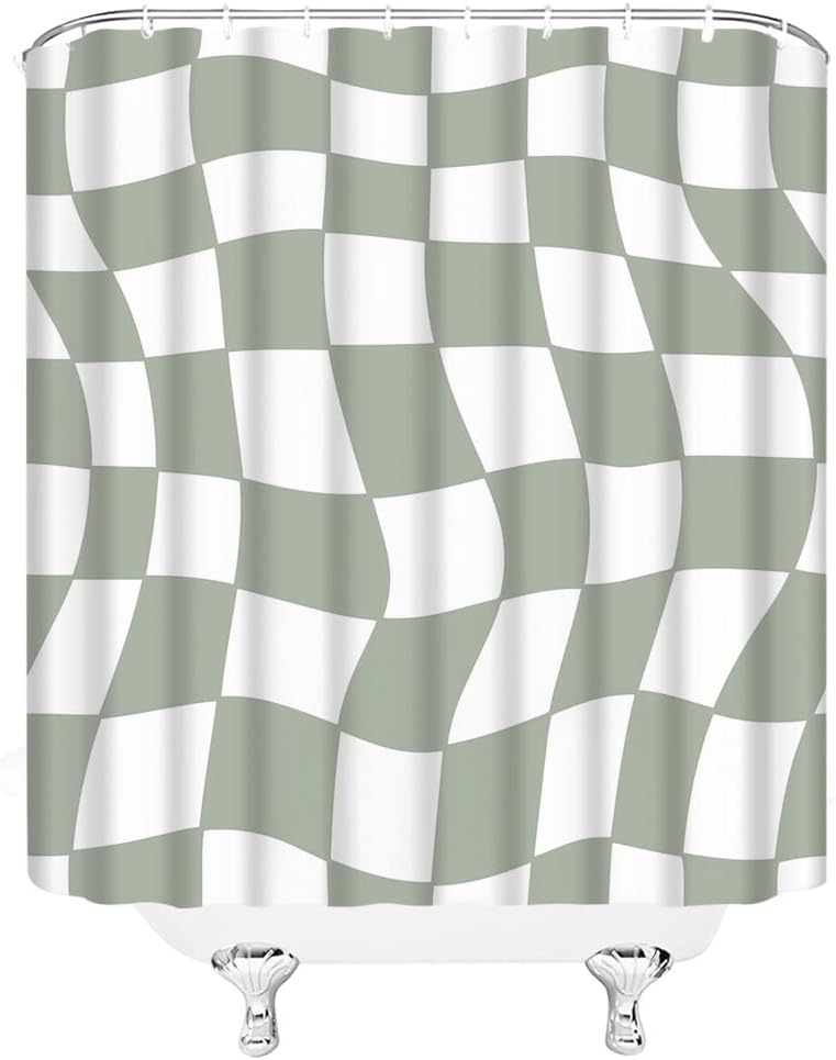 Cortina de ducha a cuadros verde salvia, retro, vintage, de los años 60 y 70, diseño de tablero de ajedrez, moderno, abstracto, estético, hippie,