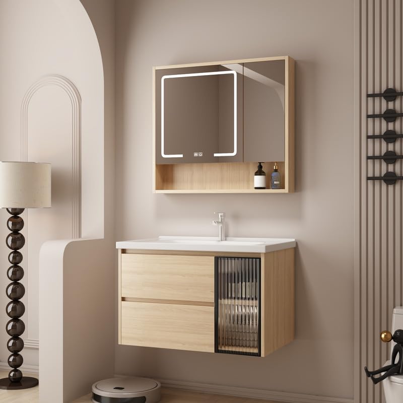 Tocador de baño de 32 pulgadas montado en la pared, tocador de baño con fregadero de cerámica, tocador de baño moderno con 2 cajones de cierre