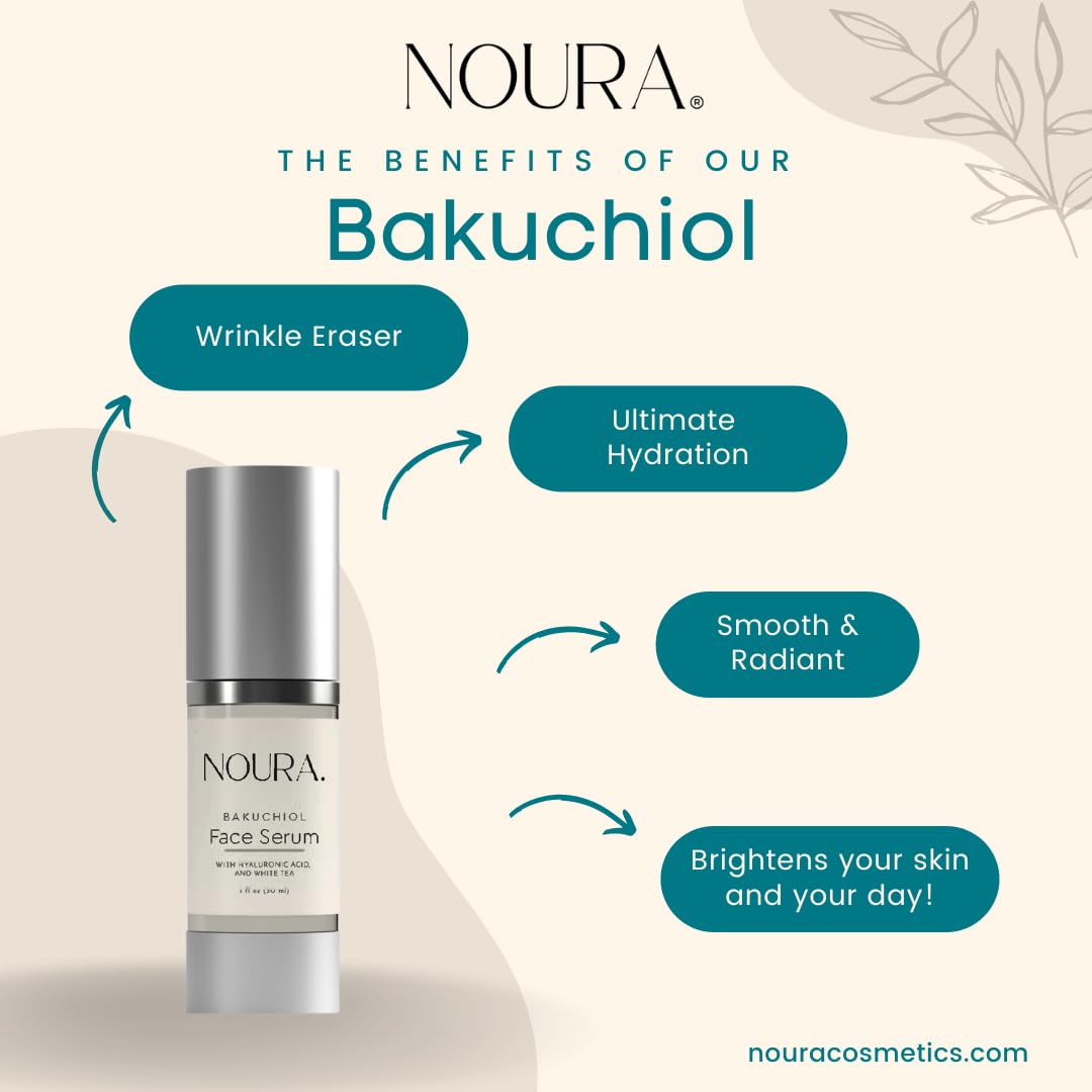 Suero facial Bakuchiol de Noura Cosmetics, alternativa natural al retinol, disminuye las líneas finas y las arrugas, ilumina e hidrata la piel,