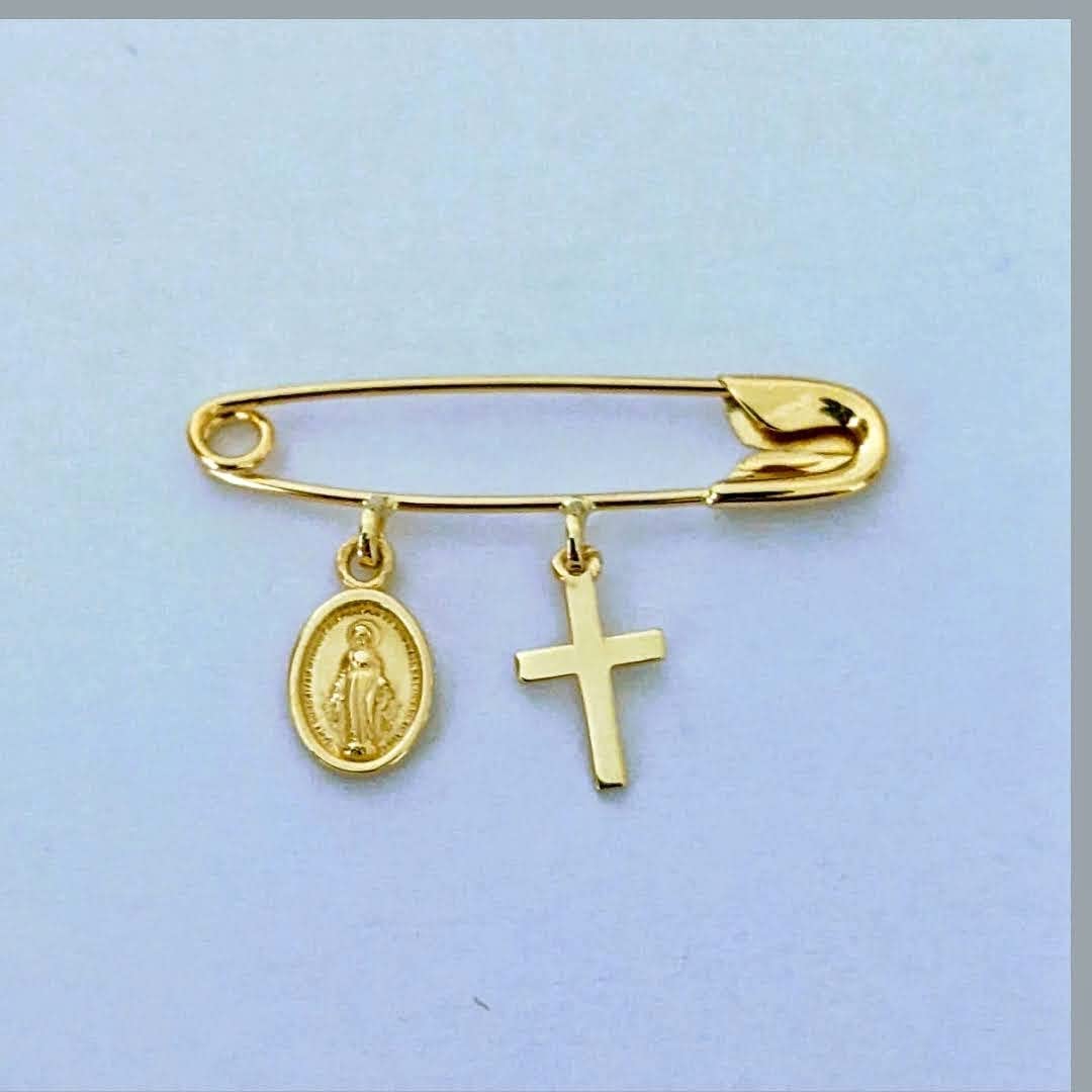 14k Yellow Gold Baby Safety Pin with Cross & Virgin Mary CharmsChristeningBaptismNOT Gold Filled NOT Gold Plated