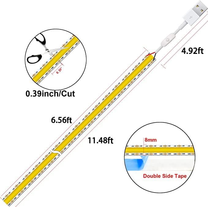 COB Tira de luz con interruptor USB 5V Highlight LED luz para dormitorio, 6.56 pies (6.6 ft), 600 LED, impermeable, flexible, autoadhesiva, luz para