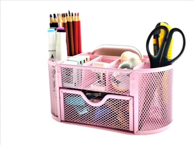 Soporte para lápices organizador de escritorio con 9 compartimentos de malla metálica rosa claro