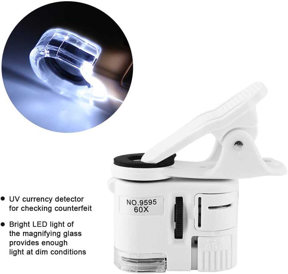 Akozon Mini microscopio del teléfono móvil 9595W 60X Lupa LEDLight Mini Microscopio del clip del teléfono móvil