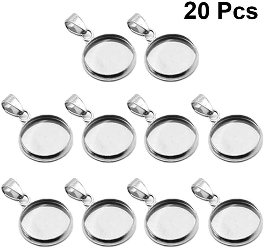 Juego de 20 bandejas colgantes de acero inoxidable, cabujones redondos, biseles, base en blanco, para fotos, collares, pulseras, joyería (plata,