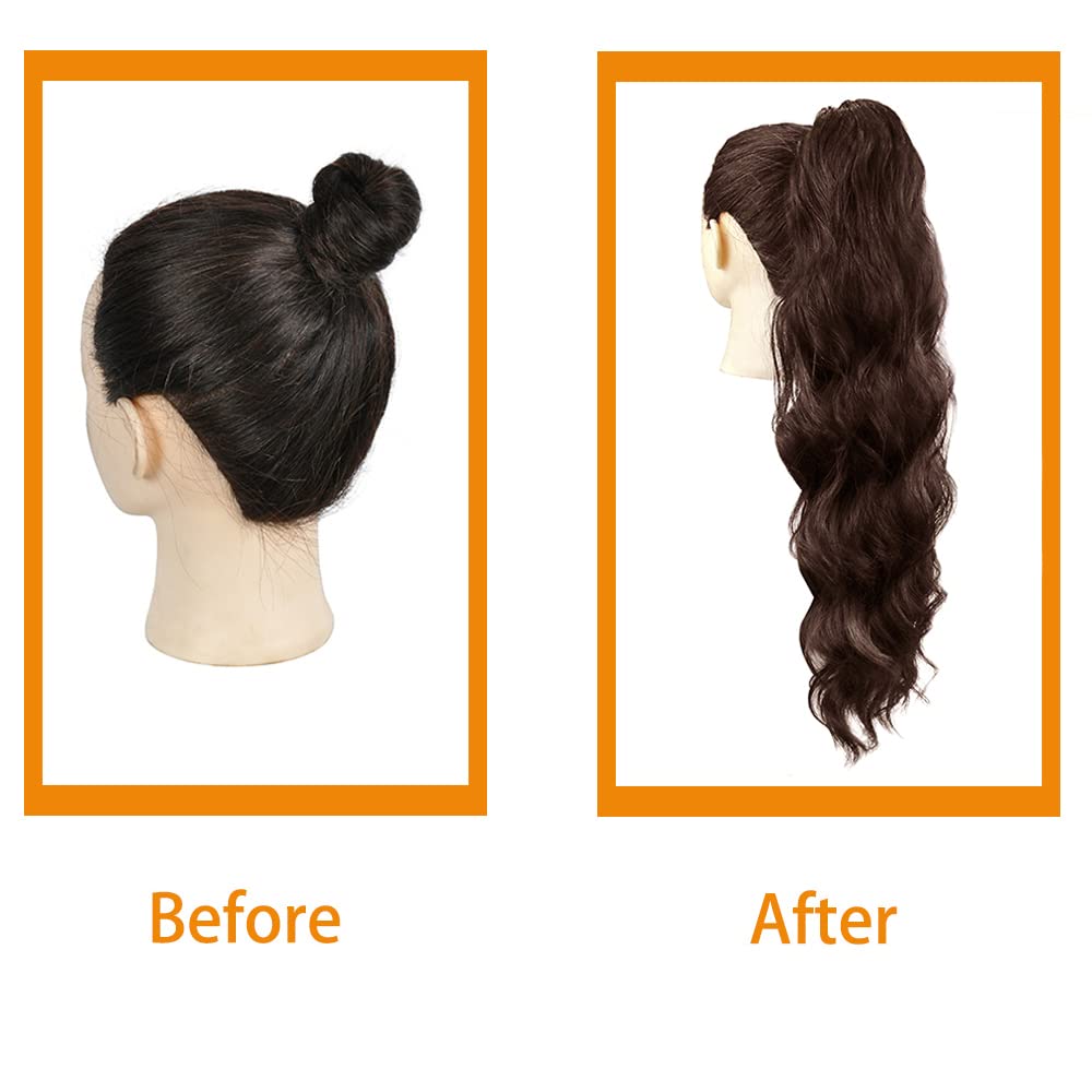 KETHBE Extensión de cola de caballo larga ondulada para mujeres negras, sintética, resistente al calor, con cordón, extensiones de cabello con clip
