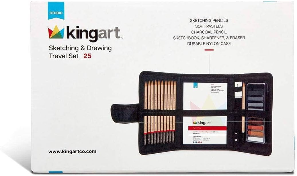 KINGART 140 DIBUJOS Y DIBUJOS 25 uds. Juego de viaje, lápices y pasteles de grafito y carbón y suministros adicionales, kit de dibujo artístico para