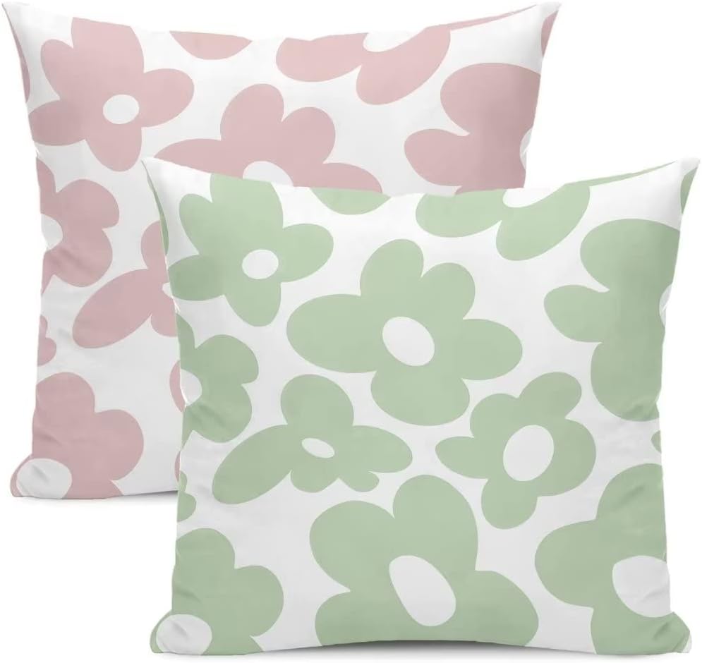 Juego de 2 fundas de almohada de 20 x 20 pulgadas, color verde salvia rosa pastel danés, fundas de almohada estéticas de flores de margaritas de