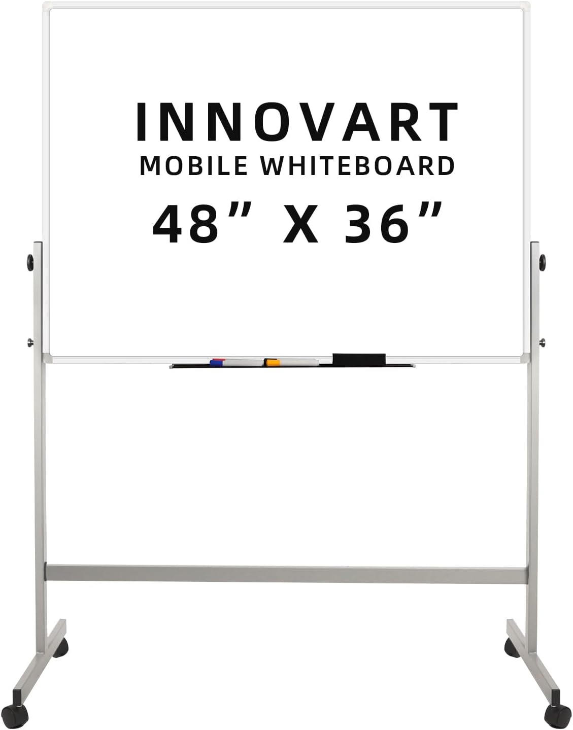 Pizarra blanca móvil de 48 x 36 pulgadas, pizarra magnética de borrado en seco de doble cara reversible de 360 con soporte rodante portátil sobre